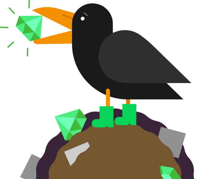 a black drawn raven holds a green diamond in its mouth.
